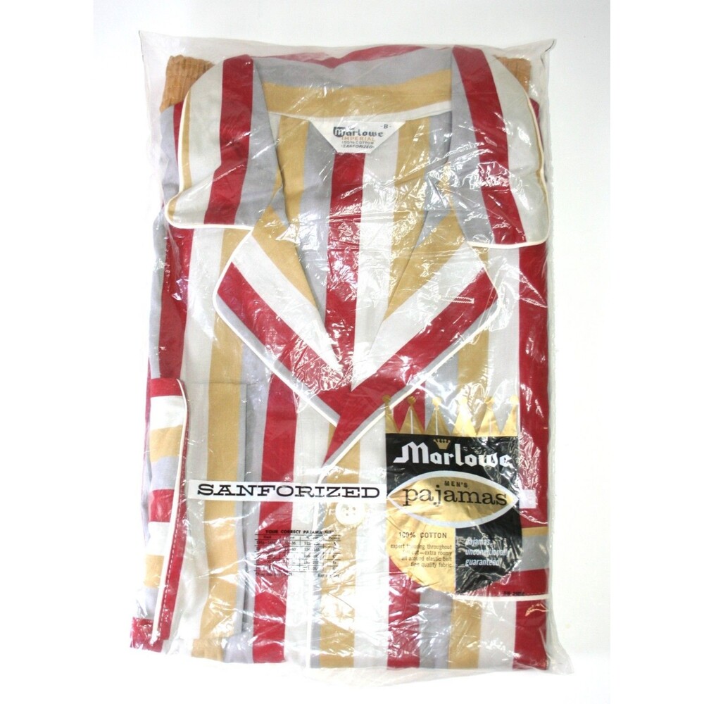 VTG New Old Stock Marlowe Men Sanforized Pajamas Red Yellow White Striped Size M